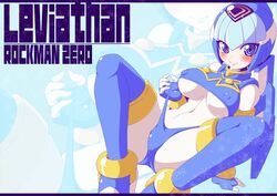 1girls android arm_support black_border blue_eyes blush bodystocking bodysuit boots border bracelet breasts capcom covered_navel erect_nipples fairy_leviathan fingerless_gloves gloves helmet high_heels inti_creates jewelry large_breasts leaning_back legs_folded looking_at_viewer looking_to_the_side lying mega_man mega_man_zero on_back semikichi skin_tight smile solo spread_legs thigh_boots thighhighs tights