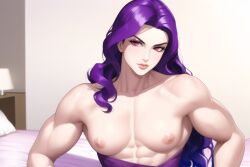 1boy abs ai_generated ambush_(trap) battle_tendency femboy jojo's_bizarre_adventure kars lips long_hair looking_at_viewer male muscles muscular nai_diffusion nipples pecs purple_hair red_eyes solo stable_diffusion toned toned_male trap