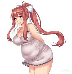 1girls bbw belly belly_button big_breasts brown_hair chubby chubby_female doki_doki_literature_club green_eyes kipteitei looking_at_viewer monika_(doki_doki_literature_club) plain_background plump ponytail ribbon short_dress smile smiling solo solo_female solo_focus thick tight_clothing white_dress white_ribbon