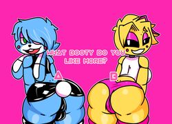 animatronic big_ass big_butt black_eyes blue_body blue_hair bunny bunny_boy femboy femboy_on_male five_nights_at_freddy's five_nights_at_freddy's_2 fnaf furry green_eyes horaco horaco_(character) ms._cyan robot_girl smile thehoraco toy_bonnie_(fnaf) toy_chica_(fnaf) toy_chica_(thehoraco) yellow_body yellow_fur