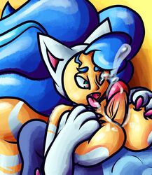 big_breasts big_penis blue_hair breasts capcom cat_ears cat_girl catgirl cum darkstalkers felicia_(darkstalkers) gallon green_eyes jon_talbain large_breasts long_hair open_mouth paizuri pink_claws qwertyjack titfuck titjob vampire_savior white_fur