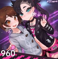 2girls alternate_version_available artist_name black_hair black_jacket blue_eyes brown_hair choker cleavage duo game_freak gloria_(pokemon) green_eyes grey_sweater hearts_around_head holding_pokeball jtveemo league_card leggings looking_at_viewer love_ball marnie_(pokemon) navel nintendo numbers peace_sign pokeball pokemon pokemon_ss short_brown_hair short_hair team_yell team_yell_(logo) twintails yuri