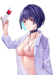 atlus blue_eyebrows blue_hair choker doctor eyebrows eyebrows_behind_hair eyelashes eyelashes_behind_hair eyes holding_syringe jewelry lab_coat lab_coat_only labcoat large_breasts naked_choker naked_jewelry naked_labcoat naked_necklace necklace no_bra no_bra_under_clothes open_eyes persona persona_5 red_eyes shin_megami_tensei stomach studded_choker syringe tae_takemi whatalion