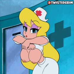 1girls 2d 2d_animation animaniacs animated big_breasts blonde_hair blue_eyes breasts breasts_out clothing eyelashes eyeshadow female female_focus female_only hello_nurse heloise_nerz hourglass_figure jiggling_breasts large_breasts lipstick looking_at_viewer nipples no_bra nurse nurse_cap nurse_uniform red_lipstick skirt twistedgrim undressing warner_brothers