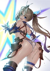 1girls ass back bangs bare_shoulders bikini bikini_bottom bikini_top blue_bikini blue_eyes blush boots bradamante_(fate) braid breasts brown_hair dat_ass elbow_gloves eyebrows_visible_through_hair fate/grand_order fate_(series) faulds female female_only french_braid gloves hair_between_eyes hair_ornament hip_focus knee_boots large_breasts long_hair looking_at_viewer looking_back open_mouth pyz solo squirting standing swimsuit thigh_strap thighs twintails very_long_hair weapon white_bikini