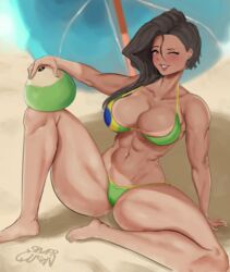 abs beach bikini brazilian brazilian_female cleavage dark-skinned_female female laura_matsuda silver_queen smiling solo street_fighter winking