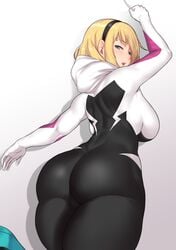 1girls ass aster_crowley big_ass big_breasts blonde_hair blush bodysuit breasts bubble_ass bubble_butt favorite female_superhero gwen_stacy hairband headband huge_breasts marvel solo spider-gwen spider-man_(series) superhero superheroine teenager thick thick_thighs thin thin_waist tight voluptuous