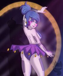 2d 2d_(artwork) accessory amanddica animatronic backshot ballora ballora_(fnafsl) blue_hair blue_panties closed_eyes detailed_background ear_piercing female five_nights_at_freddy's five_nights_at_freddy's:_sister_location fnaf hair_tied looking_back looking_down panties pink_eyes scottgames sister_location small_waist upskirt