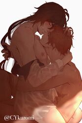 2boys bite_mark blue_eyes blush brown_hair childe_(genshin_impact) cykuromi genshin_impact hickey male male_only orange_hair sweat tartaglia_(genshin_impact) yaoi zhongli_(genshin_impact)