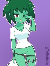 exposed_pussy green_eyes green_skin pajamas panties_around_leg pinup red_eyes rottytops shantae smooth_skin teliodraw yawning