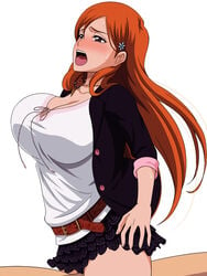 1boy 1boy1girl 1girls ambiguous_penetration belt big_breasts blazer bleach blush bouncing_breasts breasts brown_eyes busty cleavage clothed_female_nude_male clothed_sex clothing convenient_censoring cowgirl_position faceless_male female female_on_top hair_ornament hairclip inoue_orihime kame_(artist) kh-fullhouse long_hair male miniskirt moaning necklace orange_hair pendant sex shirt skirt sweat sweatdrop