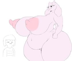 belly big_belly breasts_bigger_than_head clothed_male_nude_female erect_nipples fat frisk giantess gigantic_ass hands_on_hips huge_breasts hyper hyper_areola hyper_ass hyper_breasts hyper_nipples large_areolae large_female larger_female long_ears long_nipples puffy_nipples snuckums tail thick_thighs toriel undertale white_background wide_hips