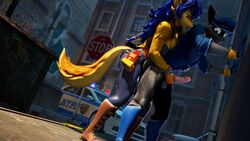 16:9 3d_(artwork) anthro balls blue_hair bottomless breasts canid canine carmelita_fox clothed clothing duo ear_piercing erection female fox genitals gun hair handjob hbnoob male mammal penile penis piercing procyonid public raccoon reach_around sex shock_pistol sly_cooper sly_cooper_(series) smooth_fur sony_corporation sony_interactive_entertainment source_filmmaker straight sucker_punch_productions video_games widescreen