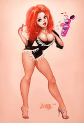 1girls artist_name big_hair blue_eyes breasts cleavage_cutout female female_only hair_dye heels hips hourglass_figure jasmine_james legs lips lipstick looking_at_viewer no_bra pinup popeye_wong porn_star real_person realistic red_lips red_lipstick voluptuous