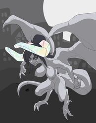 angry anthro big_breasts black_hair breasts city claws crouching crystal fangs female gargoyle grey_body grey_skin hair hair_bun horn humanoid marble_(nvn) moon novacantnames rock simple_background solo white_eyes wings