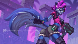 1girls 2020 2020s 5_fingers alanscampos anthro ass back background breasts cassette_player clothing cyan_eyes ear female furry glasses gloves grin gun hi-rez_studios looking_at_viewer paladins patreon patreon_username pepper_(paladins) purple_hair solo stockings tail wide_hips