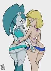 2girls android_18 ass ass_grab blonde_hair blue_eyes busty crossover dragon_ball dragon_ball_z female female_focus female_only green_eyes hourglass_figure jenny_wakeman long_hair looking_at_another my_life_as_a_teenage_robot nickelodeon pale-skinned_female pale_skin robot robot_girl robot_joints string_bikini teal_hair terranort96 white_skin wide_hips xj-9 yuri