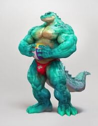 1boy 2018 4_fingers 4_toes anthro ball balls_outline beach_ball big_muscles bulge clothed clothing countershade_torso countershading crocodile crocodilian crocodylid fingers genital_outline green_body green_scales grey_background hi_res holding_ball holding_object huge_muscles jockstrap lifeguard male male_only muscular muscular_anthro muscular_arms muscular_legs muscular_male nipples pecs penis_outline red_clothing red_jockstrap red_underwear reptile scales scalie scutes simple_background solo standing toes topless topless_male uleezoo underwear underwear_only