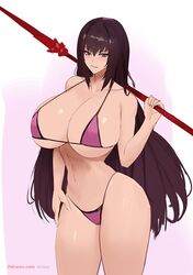 bikini fate/grand_order fate_(series) female kisou pink_bikini purple_hair red_eyes scathach_(fate) smile spear