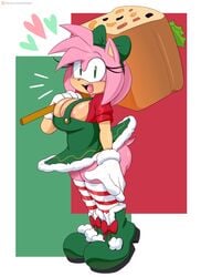 1girls 2020 amy_rose anthro big_ass big_breasts big_butt boots bottomless bow breast_squeeze christmas elf eyelashes female female_only furry furry_only gloves green_eyes hedgehog hi_res hips jingle_belle_amy jinu looking_at_viewer mouth_hold nipples no_bra pink_fur side_view simple_background small_tail solo sonic_(series) sonic_forces_speed_battle sonic_the_hedgehog_(series) stockings thick thick_thighs thighs video_games wide_hips