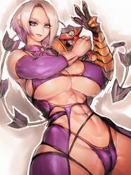 1girls abs asymmetrical_clothes athletic_female breasts cleavage elbow_gloves eye_contact female female_only fighting_pose fumio_(rsqkr) gauntlet glove huge_breasts isabella_valentine lingerie lingerie_armor looking_at_viewer navel purple_elbow_gloves purple_eyeshadow purple_garter_straps purple_lingerie purple_thong short_hair short_white_hair smirk solo soul_calibur toned_female underboob weapon whip_sword white_eyebrows white_glove