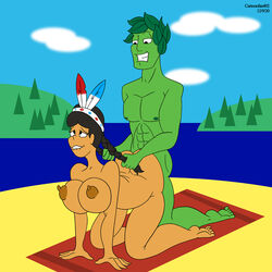 abs ass breasts cartoonfan402 commission crossover dated female green_skin human jolly_green_giant land_o'lakes land_o_lakes male mascot mia_(land_o'lakes) native_american nipples pulling_hair straight tagme unknown_species