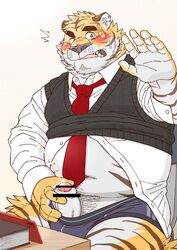 2020 anthro belly blush bodily_fluids cellphone clothing cum ejaculation felid genital_fluids genitals hi_res humanoid_genitalia humanoid_hands humanoid_penis kemono male male_only mammal navel necktie overweight overweight_anthro overweight_male pantherine penis phone ryuta-h shirt sitting smartphone solo tiger topwear underwear