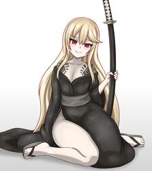 1girls bare_thighs black_kimono blonde_hair blush curvy female female_only hips katana kimono long_hair monster_girl_encyclopedia narrow_shoulders nav_(thatnav) pale-skinned_female pale_skin petite red_eyes sandals slit small_breasts smile tattoo thick_thighs thighs thin_arms thin_waist undead waist weapon wide_hips wight_(monster_girl_encyclopedia)