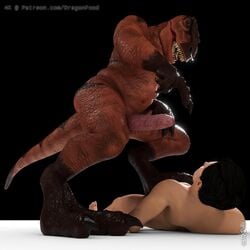 1:1 3_toes 3d_(artwork) anthro balls black_background black_claws black_hair blue_eyes chubby_male claws digital_media_(artwork) dinosaur dragonfood duo erection facial_piercing foot_on_chest genitals gesture hair hi_res human human_on_anthro humanoid_genitalia humanoid_penis interspecies male male_only mammal nipples nose_piercing nose_ring penis piercing pointing pointing_at_another red_body reptile scalie sharp_teeth simple_background slightly_chubby teeth theropod toes tyrannosaurid tyrannosaurus tyrannosaurus_rex