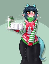 1futa after_masturbation blue_(limebreaker) blush breasts bulge cameltail christmas cleavage clothed clothing cum cum_drip cum_in_container cum_in_cup embarrassed embarrassed_nude_futa erection erection_under_clothes fat_cock fully_clothed furry futa_only futanari huge_cock hyper hyper_penis intersex limebreaker looking_away milk_carton original penis penis_under_clothes solo solo_futa sweater thick_thighs tray twitch_lines