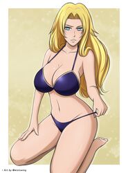 1girls alternate_hair_color bare_legs bare_shoulders barefoot big_breasts bleach blonde_hair blue_eyes bra breasts cleavage feet female female_only huge_breasts large_breasts light-skinned_female looking_at_viewer matsumoto_rangiku mature_female midriff mistowing mole mole_under_mouth on_knees panties panty_pull parted_lips pelvic_curtain seductive seductive_eyes seductive_look seductive_smile shiny shiny_hair shiny_skin skindentation soles solo solo_focus tease teasing toes underwear voluptuous wavy_hair white_border