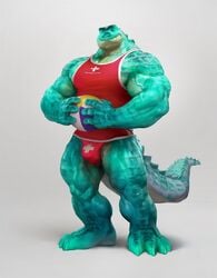 1boy 2018 4_fingers 4_toes anthro ball balls_outline beach_ball big_muscles bulge clothed clothing countershade_torso countershading crocodile crocodilian crocodylid fingers genital_outline green_body green_scales grey_background hi_res holding_ball holding_object huge_muscles jockstrap lifeguard male male_only muscular muscular_anthro muscular_arms muscular_legs muscular_male penis_outline red_clothing red_jockstrap red_shirt red_tank_top red_topwear red_underwear reptile scales scalie scutes shirt simple_background solo standing tank_top toes topwear uleezoo underwear