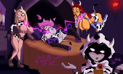 4girls areolae breasts cow_girl cow_print dc dc_comics female female_only functionally_nude huge_breasts jinx_(dc) lactation magic masturbation milk pose posing pussy rachel_roth raven_(dc) sex slashysmiley starfire teen_titans terra_(dc)