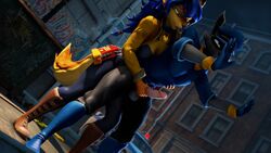 16:9 3d_(artwork) anthro balls blue_hair bottomless breasts canid canine carmelita_fox clothed clothing duo ear_piercing erection female fox genitals gun hair handjob hbnoob male mammal penile penis piercing procyonid public raccoon reach_around sex shock_pistol sly_cooper sly_cooper_(series) smooth_fur sony_corporation sony_interactive_entertainment source_filmmaker straight sucker_punch_productions video_games widescreen