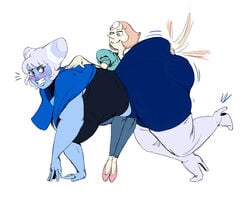 2girls ass bimbosparkle blush cartoon_network clothed female female_only holly_blue_agate huge_ass large_breasts multiple_girls over_the_knee_spanking pearl_(steven_universe) redblacktac size_difference small_dom_big_sub spanking steven_universe yuri