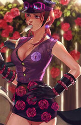 1girls big_breasts cleavage clothed clothing female_only gloves hand_on_hip jojo's_bizarre_adventure jojolion looking_away miniskirt pink_hair popsicle solo_female sucking sweat yasuho_hirose