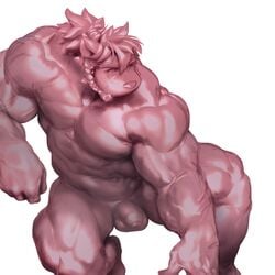 1boy 2019 anthro balls big_muscles canid canine canis domestic_dog flaccid foreskin genitals high-angle_view humanoid_genitalia humanoid_penis male male_only mammal muscular muscular_anthro muscular_arms muscular_male muscular_thighs pecs penis pink_body restricted_palette simple_background solo uleezoo uncut white_background