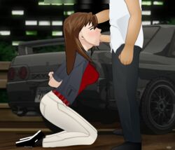 :>= black_jacket breasts deepthroat faceless_male fellatio gagging konashion on_knees oral penis red_hair red_shirt reina_akikawa sneakers super_deepthroat_game throat_bulge wangan_midnight white_jeans