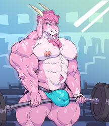 1boy 2019 5_fingers abs anthro barbell big_biceps biped blue_eyes body_hair bovid bulge caprine chest_hair clothing countershading deadlift digital_media_(artwork) exercise facial_hair fingers goatee hair hi_res horn jockstrap male male_only mammal muscular muscular_anthro muscular_male navel nipple_piercing nipples piercing pink_hair rocky_mountain_goat solo sxfpantera thick_thighs underwear weightlifting workout