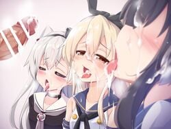 1boy 3girls after_fellatio amatsukaze_(kantai_collection) bar_censor black_hair black_hairband black_panties blonde_hair blurry blush brown_eyes bukkake censored commentary_request cum cum_in_mouth cum_on_hair cum_on_tongue cumdrip elbow_gloves facial gloves hair_tubes hairband hat heart highres kantai_collection kurokoshou_(emuburemu123) long_hair mini_hat multicolored_hair multiple_girls open_mouth panties penis sailor_collar school_uniform serafuku shimakaze_(kantai_collection) silver_hair straight striped tokitsukaze_(kantai_collection) tongue tongue_out two_side_up underwear