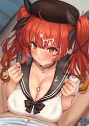 1boy absurdres azur_lane bangs beret black_choker black_ribbon blush bra bra_through_clothes breast_squeeze breasts choker cleavage collarbone commander_(azur_lane) eyebrows eyebrows_visible_through_hair female from_above hair_ribbon hands_up hat heavy_breathing highres honolulu_(azur_lane) honolulu_(parasol_girl)_(azur_lane) lace-trimmed_bra lace_trim large_breasts long_hair looking_at_viewer momo_no_sukebe paizuri penis pov red_eyes red_hair ribbon sailor_collar school_uniform see-through serafuku short_sleeves solo_focus spread_legs twintails underwear