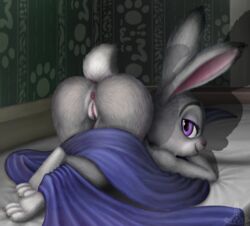 2020 anthro anus ass bed bedroom_eyes big_butt clitoris detailed_background disney female fur furniture genitals grey_body grey_fur half-closed_eyes inside judy_hopps kneeling lagomorph leporid looking_at_viewer looking_back lying mammal narrowed_eyes nude on_bed presenting presenting_hindquarters purple_eyes pussy rabbit rear_view seductive smile solo thick_thighs ukon_vasara wide_hips zootopia