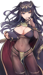 1girls absurdres bangle bangs belt black_bodysuit black_cape blue_eyes blunt_bangs bodystocking bodysuit book bracelet breasts bridal_gauntlets busty cape circlet cleavage_cutout closed_eyes clothed clothing clothing_cutout contrapposto covered_navel feet_out_of_frame female female_only fire_emblem fire_emblem_awakening hand_on_own_face highres holding holding_book jewelry kokouno_oyazi large_breasts loincloth long_hair nail_polish nintendo parted_lips purple_nails revealing_clothes see-through_clothing simple_background smile solo solo_female standing tharja_(fire_emblem) thighlet two_side_up very_long_hair white_background