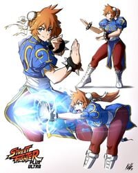 1girls blue_eyes boots china_dress chinese_clothes chun-li_(cosplay) cosplay female female_only hair_bun itsuka_kendou kellzallday kendou_itsuka kikoken laced_boots my_hero_academia open_mouth red_hair shounen_jump side_ponytail solo street_fighter white_boots