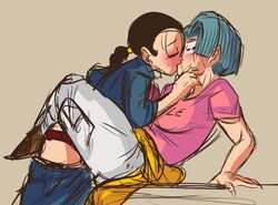 2020 2020s 2girls black_hair blue_hair bulma_briefs bulma_briefs_(gt_saga) dragon_ball dragon_ball_gt female female_only kissing lemonjoojoo multiple_girls pants_down red_panties videl yuri