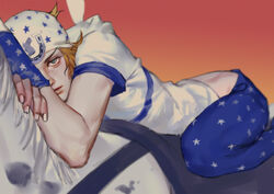 1boy ass_cleavage butt_crack clothed clothing emg_(christain) horse johnny_joestar jojo's_bizarre_adventure laying_down laying_on_stomach looking_at_viewer lowrise_jeans male_only midriff slow_dancer_(jjba) solo_male steel_ball_run suggestive suggestive_posing