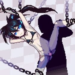 1boy 1girls animated bikini_top black_hair black_rock_shooter black_rock_shooter_(character) blue_eyes bondage bottomless breasts broken_rape_victim censored chained chains clothing cum cum_in_pussy cum_inside female from_behind glowing_eyes long_hair lowres male open_mouth penetration penis petite pussy rape restrained sans_eye sb_(coco1) scars spread_legs suspension tears twintails vaginal_penetration