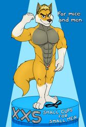 absurd_res advertisement anthro balls blake canid canine canis clothing commercial confident cup english_text genitals hi_res jockstrap male mammal muscular muscular_anthro muscular_male neenya penis podium small_balls small_penis solo sportswear text underwear wolf