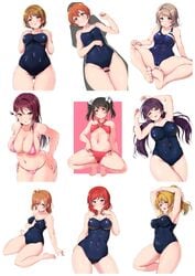 9girls ayase_eli collage female female_only hoshizora_rin koizumi_hanayo kousaka_honoka looking_at_viewer love_live! love_live!_school_idol_project love_live!_sunshine!! multiple_girls nishikino_maki one-piece_swimsuit pose posing sakurauchi_riko shinonon shinonon_(iso_shino) swimsuit swimsuits tagme thick_thighs toujou_nozomi watanabe_you wide_hips yazawa_nico