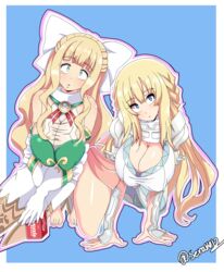 2girls all_fours alternate_costume bangs bare_legs bare_thighs barefoot big_breasts blonde_hair blue_eyes bow charlotte_(fire_emblem) cleavage costume_switch crossover female_only fire_emblem fire_emblem_fates fully_clothed huge_breasts large_breasts long_hair looking_at_viewer neptunia_(series) nintendo nipple_bulge see-through see-through_clothing senak012 simple_background squatting turquoise_eyes vert